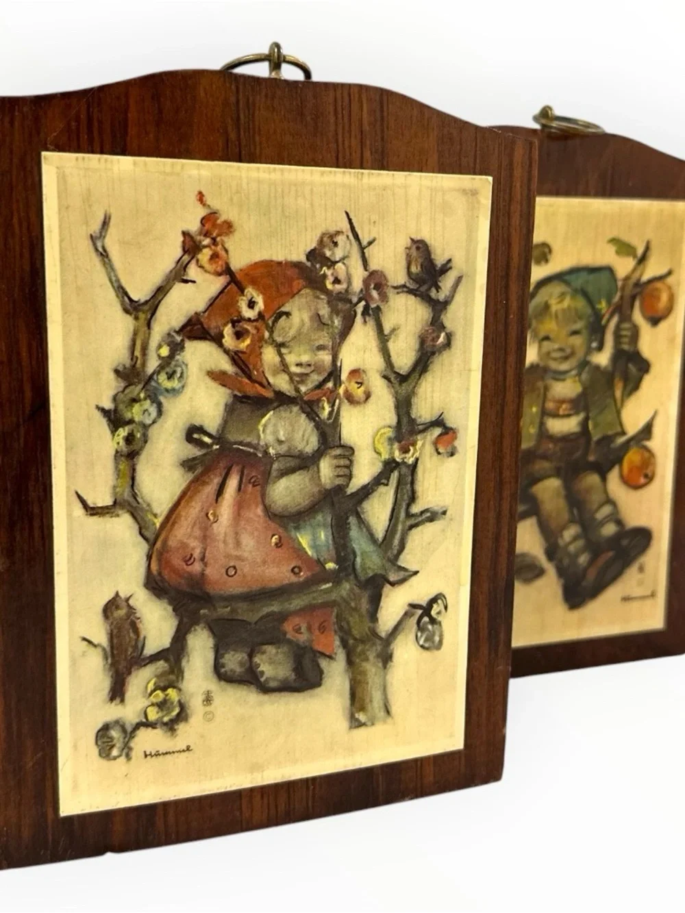 Vintage M.I. Hummel Apple Tree Boy & Girl 7.25” Wood Wall Plaques Set of 2